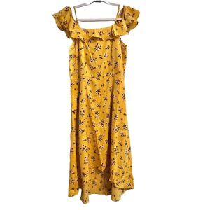 Allegra K Spaghetti Strap Asymmetrical High Low Floral A-Line Midi Dress Yellow